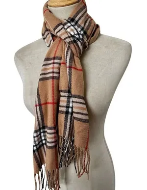 Tan Check Plaid fringe scarf thumbnail 1