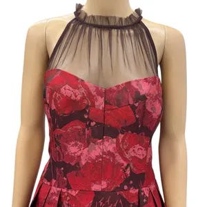 Maggy London Red Jacquard Cocktail Wedding Guest Illusion Yoke Dress Womens 16 thumbnail 6