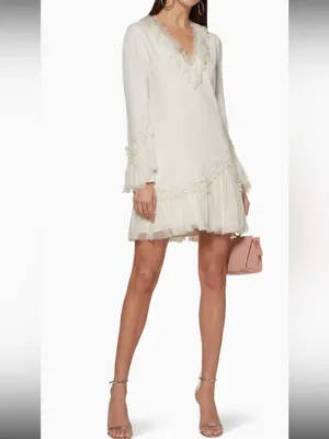 Alexis Barbara Azura Ivory Bell Long Sleeves V-Neck Ruffle Mini Dress Boho Sz M thumbnail 15
