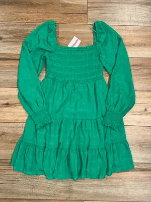 Emerald Green Boho Long Sleeve Ruffled Babydoll Tiered Midi Dress | Size Small thumbnail 1