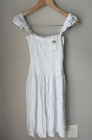 Raisins White Smocked Midi Dress Ruffle Strap Square Neck Cottagecore thumbnail 1