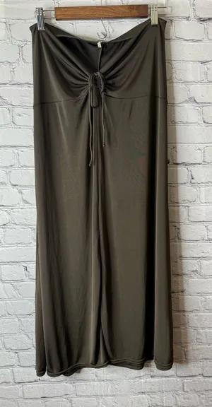 Free people dark green olive Drawstring Waist Maxi Skirt slinky ruched medium thumbnail 1