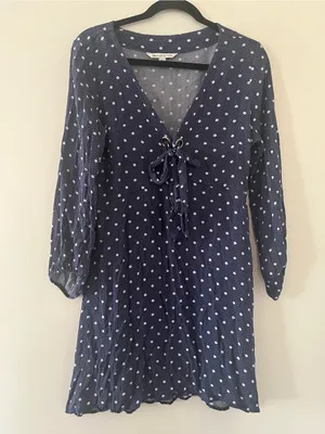 American Eagle Navy Blue Polka Dot Mini Dress Medium Lace Up Long Sleeve Coastal thumbnail 1