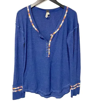 Free People Size Medium Royal Blue Rainbow Embroidered Henley Thermal Top Boho thumbnail 1