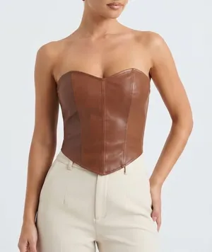 SHEIN Brown Faux Leather Corset Top Zip Back Sweetheart Neck XL 12 thumbnail 1