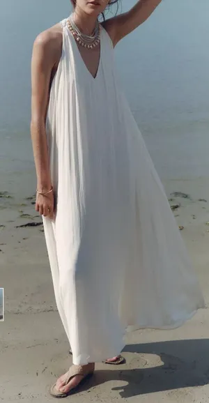 Zara Long Flowy Dress Crochet Back Sz M / L Cream Sleeveless Beach thumbnail 1