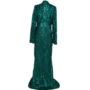 Emerald Green Sequin Geometric Chevron Maxi Dress Long Sleeve Mock Neck Gown thumbnail 6