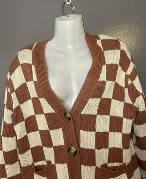 American Eagle Cardigan Sweater Womens XS Brown Checkered V Neck Button Front thumbnail 1