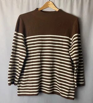 J. McLaughlin Chocolate Ivory Striped Fall Crewneck Sweater Quiet Luxury L thumbnail 1