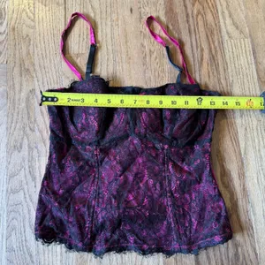 Moda International Magenta Pink Black Lace‎ Corset Top Underwire Silk Blend M thumbnail 2