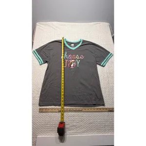 Buc-ee's Choose Joy Embroidered V-Neck Ringer T-Shirt Gray Teal Women Large thumbnail 2
