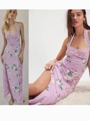 NWT Free People Love You Most Print Lace Halter Maxi Dress Large, LAVENDER COMBO thumbnail 2