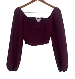 Kirious Los Angeles Women's S Burgundy Corset Crop Top‎ Puff Sleeve Smocked Back thumbnail 1