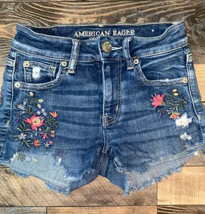American Eagle Outfitters Blue Embroidered floral Denim Cutoff Shorts thumbnail 1