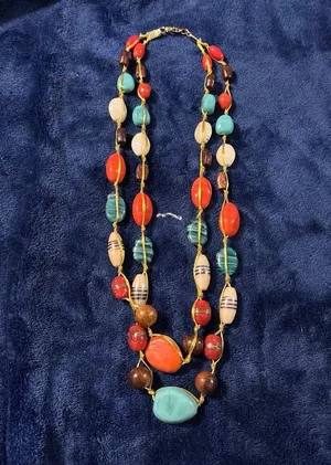 Boho Layered Necklace Multicolor Glass Bead Station Gold Tone Wrapped Chain thumbnail 1
