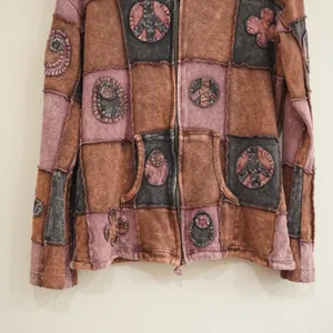Kathmandu Imports Size Large Patchwork Hoodie Brown Peace Sign Boho Indie Cotton thumbnail 3