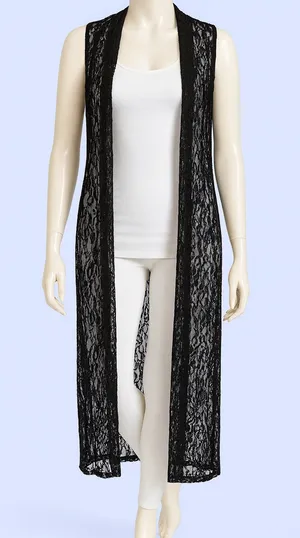 Black Lace Duster Vest – Long Sheer Layering Piece thumbnail 1