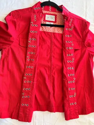 Live a Little Red Grommet Eyelet Jacket Size L Y2K Stretch Cotton thumbnail 3