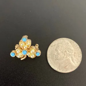 Mini Vintage MCM Shamrock Pin Irish Clover Brooch Turquoise & Seed Pearl Accents thumbnail 7
