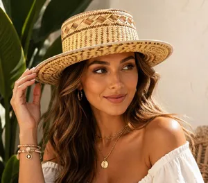 Handwoven Straw Sun Hat Natural Tan Wide Brim Boho Beach Resort Unisex One Size thumbnail 1