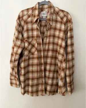 BDG Urban Outfitters Brown Plaid Distressed Flannel Button-Down Shirt thumbnail 1