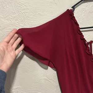 Lulu’s Pour the Champagne Burgundy Ruffled Backless Maxi dress thumbnail 4
