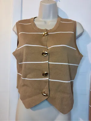 LA DIOSA L Khaki Stripe Knit Vest & Wide Leg Pants Set Gold Buttons NWT thumbnail 3