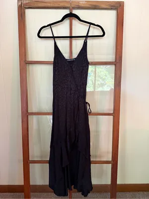 Abercrombie & Fitch Black Satin Leopard Jacquard Wrap Midi Slip Dress - Size XS thumbnail 2