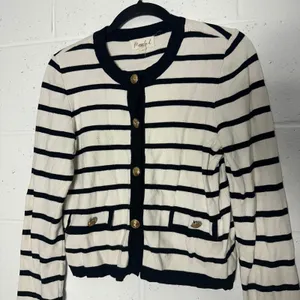 Marled Women Striped Cardigan Sweater White Black Gold‎ Crest Buttons Small prep thumbnail 5