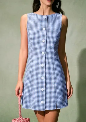 Rihoas Blue Boat Neck Cotton Plaid Mini Dress thumbnail 1