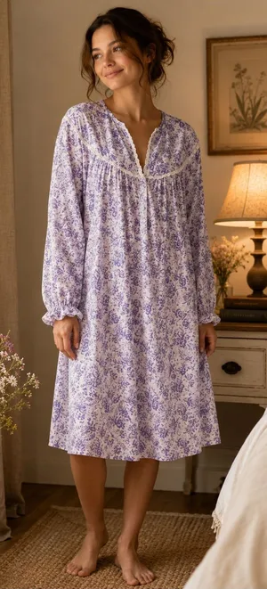 Lanz of Salzburg Cotton Flannel Tyrolean Purple Floral Cottagecore Nightgown thumbnail 1