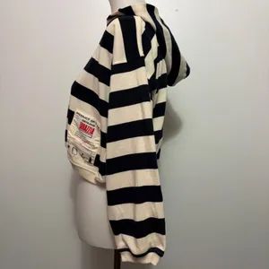 Tarazzia Sport Cropped Hoodie M Navy Cream Stripe Nautical Marin Bleu 90s French thumbnail 3