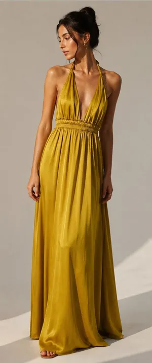 LoveShackFancy Golden Satin Plunge V-Neck Braided Halter Open Back Maxi Dress thumbnail 1
