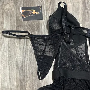 Roma Black Sheer Lace Babydoll Chemise with Plunge Cups thumbnail 14