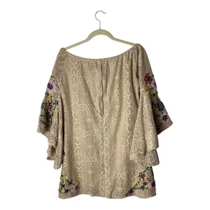 Judith March Shirt Women Large Beige Lace Embroidered Bell Sleeve Tunic Boho‎ thumbnail 3