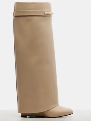 Over-the-Knee Smooth Beige Faux Leather Wedge Boots Size 9.5 Wide thumbnail 3