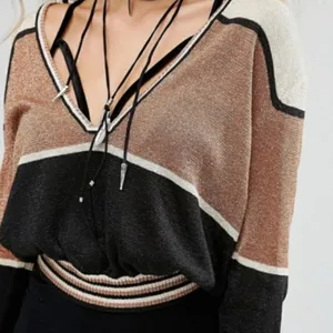 Free People‎ Sweater - Sz Medium - Deep V-Neck - Color Block - Gold Dust thumbnail 4