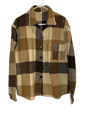 Womens Shacket Coat Jackets Medium Plaid Button Down Tan‎ Brown thumbnail 1