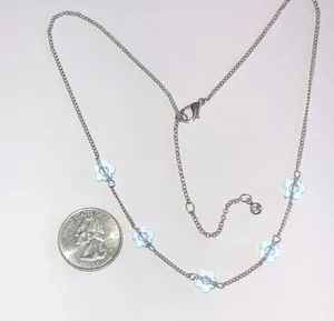 Silver Tone Clear Blue Flowers Dainty Chain Boho Necklace thumbnail 2