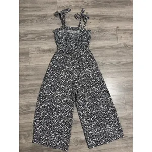 Blue Rair Women‎ Floral Jumpsuit Wide Leg Crop Tie Shoulder Smocked Waist Size L thumbnail 10