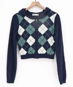 Hollister Navy Blue Argyle Cropped Zip Up Knit Hoodie Sweater Womens Size M thumbnail 1
