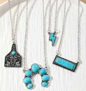 NEW Lot of 4 turquoise pendant necklaces, vintage retro style jewelry, silver thumbnail 1