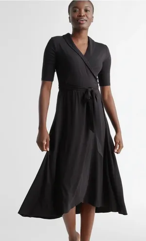 Quince Tencel Jersey Midi Wrap Dress Black Shawl Collar Short Sleeve L DKBIZ01 thumbnail 1