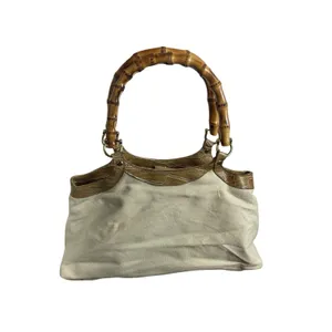 Avon 2006 Faux Bamboo Handle Canvas Satchel Handbag Beige Croc Embossed Purse thumbnail 2