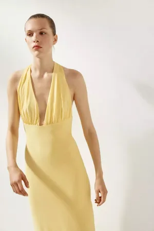 Zara Butter Yellow Halter Maxi Dress with Plunging Neckline Scarf Wedding Party thumbnail 11
