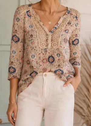Maeve Anthropologie Stillwater Boho Henley Blouse 6 Floral Crochet Lace Top thumbnail 1