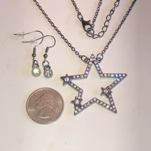 Dark Metal Star Outline Pendant Necklace Rhinestone Accents and Earrings Set thumbnail 4