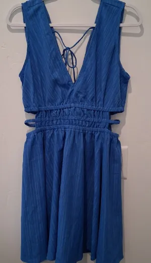 A Hint Of Blush Blue Sundress w/ Side Cutouts Sleeveless Back Tie Women's size L thumbnail 1