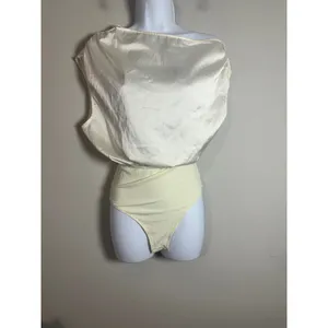 Cider Beige Satin Asymmetrical Neck Ruched Bodysuit Size XS thumbnail 5