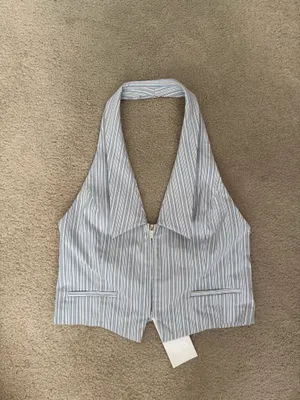 BNWT Zara Blue, Cream & Brown Striped Collared Vest Halter Top thumbnail 7